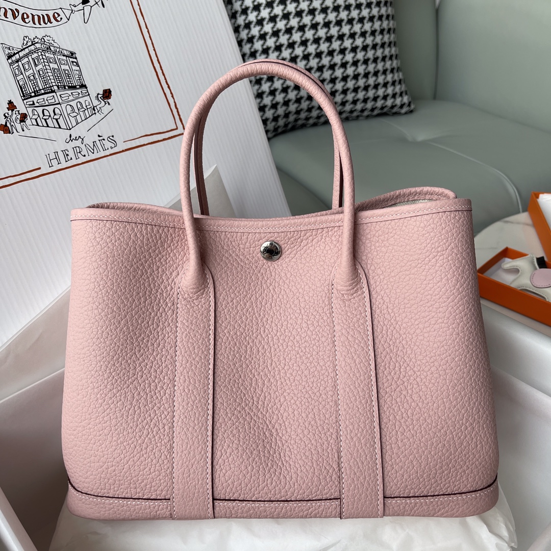 Hermes Garden Party 30cm Tote Handbag In Pink Clemence Leather